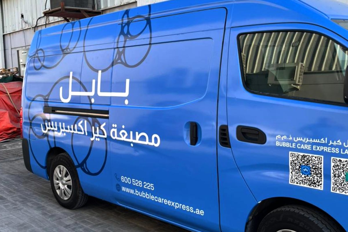 Printed graphics on a Bubble Care Express Laundry fleet van
