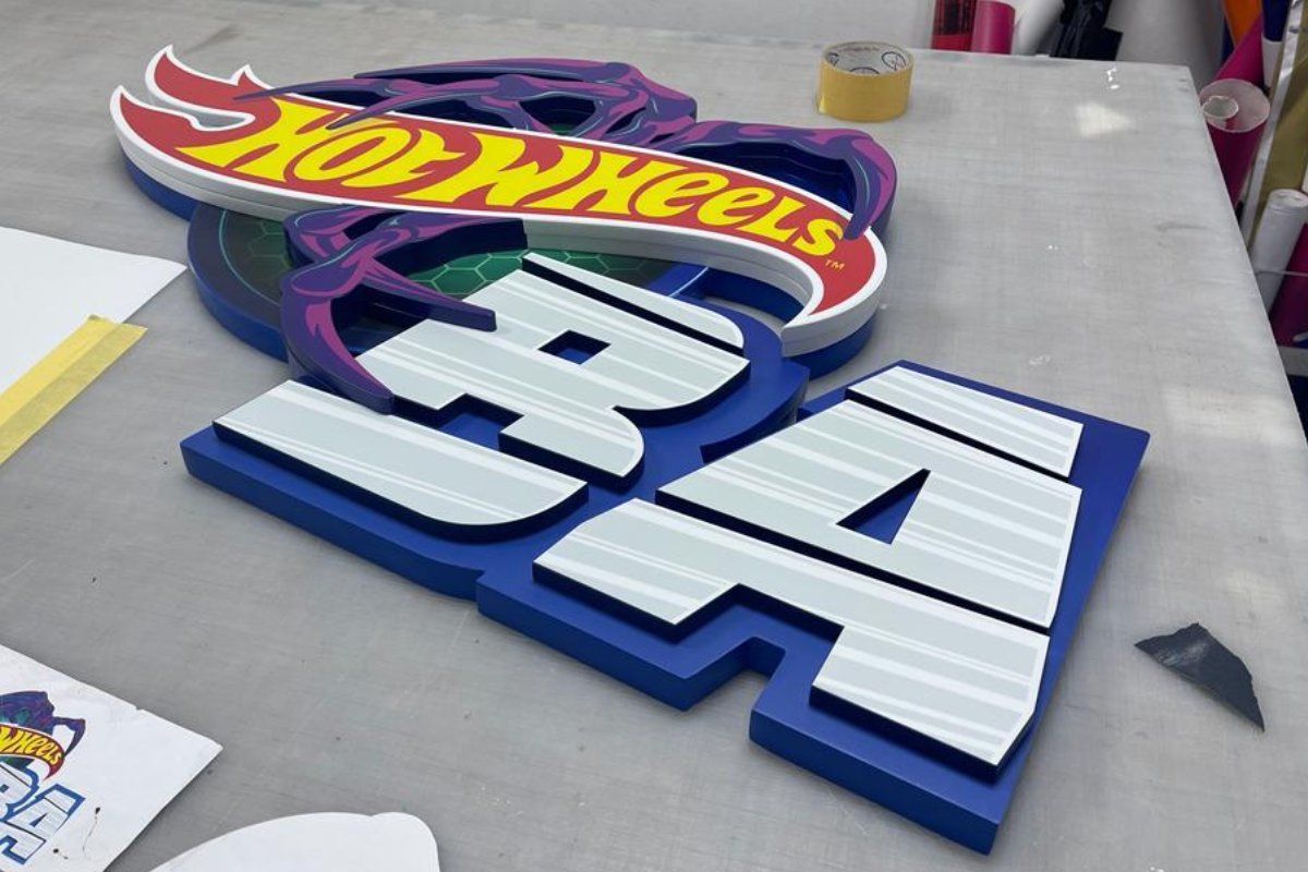 Custom fabricated Hot Wheels 3D sign for Mission Play by Mattel