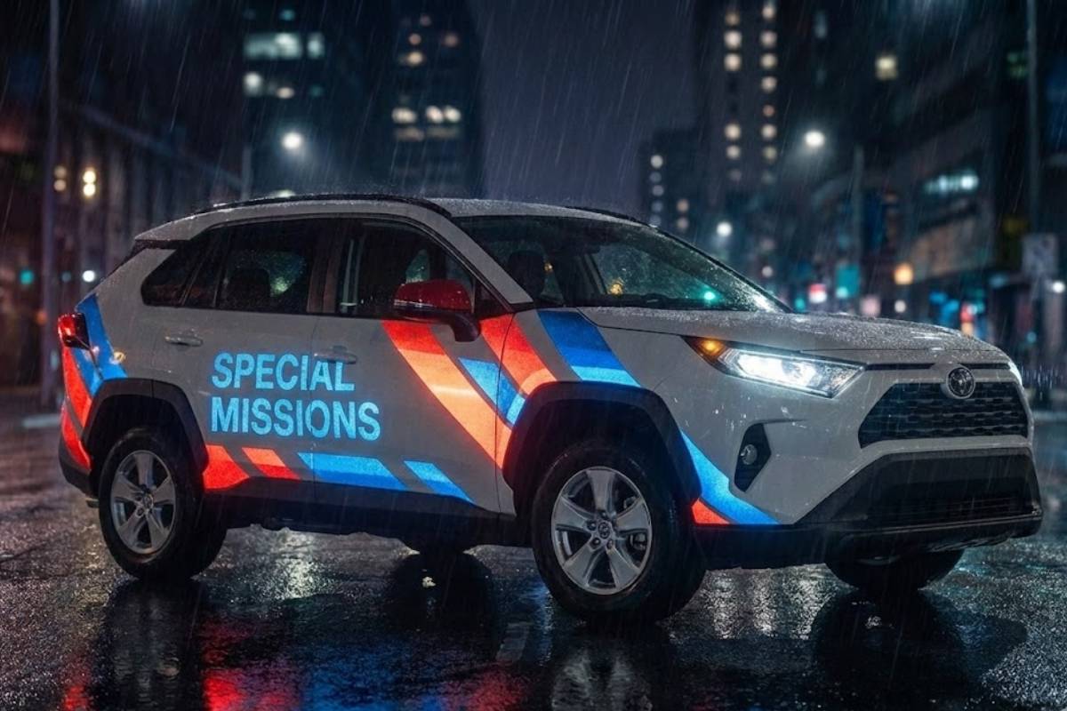 Special Missions Toyota RAV4 with reflective blue and red safety striping in Abu Dhabi, installed by Ninety Nine Advertising LLC.