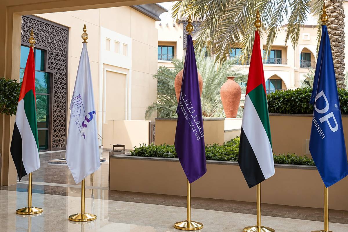 table flag printing for NYU Abu Dhabi in Yellow and white with silver pole single flag view