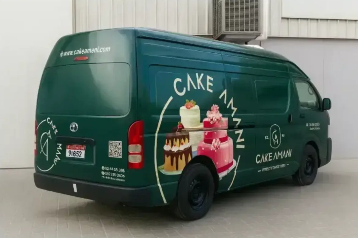 Full wrap on a green Toyota HiAce for a cake shop in Abu Dhabi