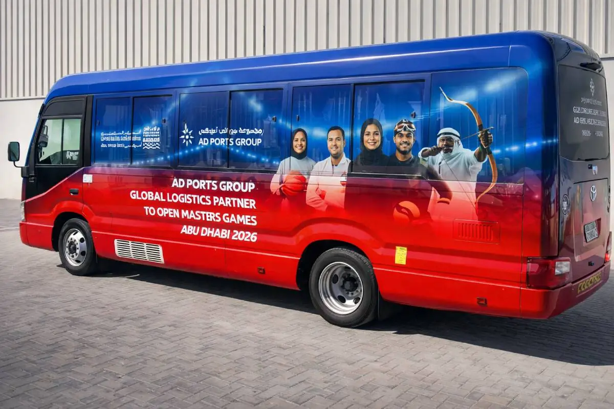 AD Ports Group bus with full vehicle branding in Abu Dhabi