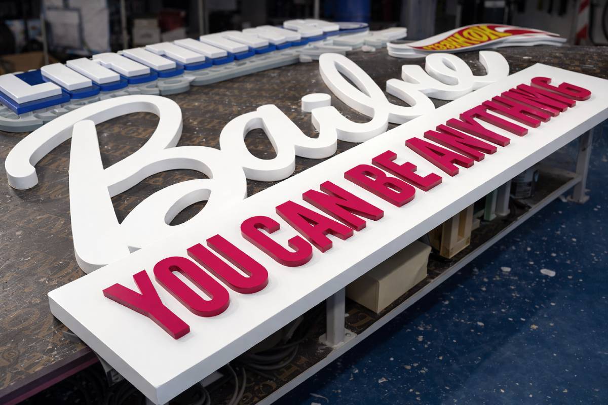 Fabricated Barbie You Can Be Anything 3D sign for Mission Play by Mattel