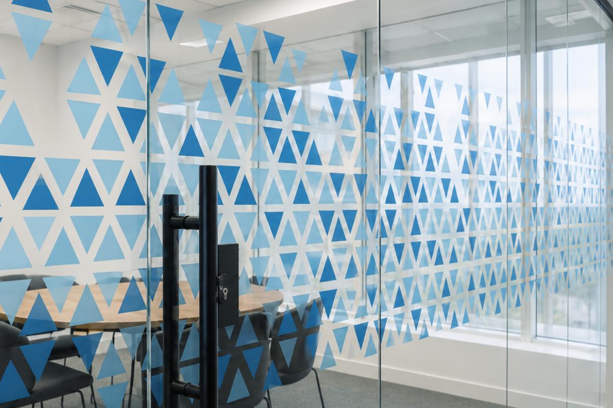 optically clear printed window stickers branding dark and light blue