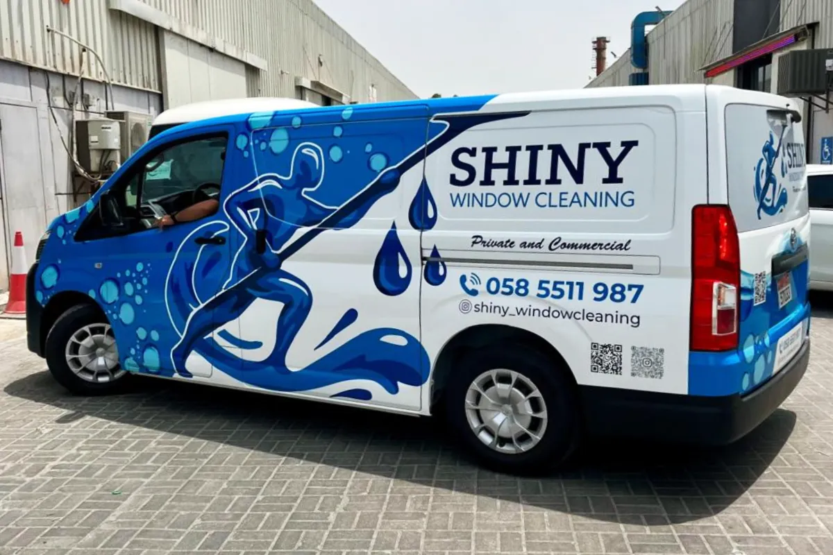 Shiny Window Cleaning partial van branding in Abu Dhabi