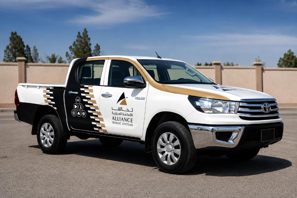Reflective vehicle graphics on a pickup truck in Abu Dhabi