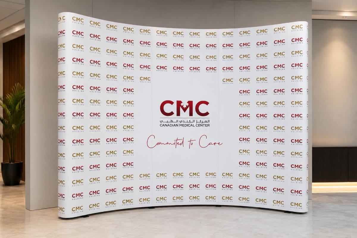 pop up display stand curved shape for Canadian Medical Centre Abu Dhabi