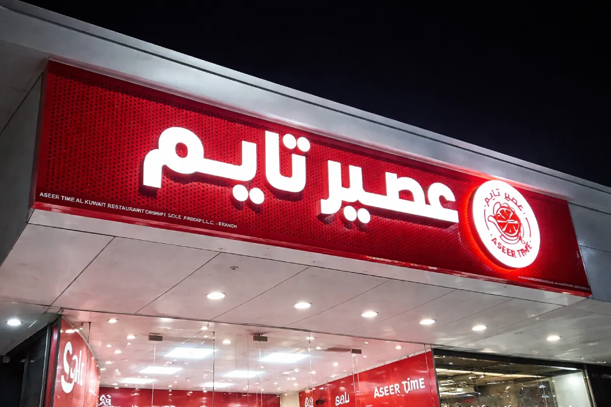Storefront signboards for Aseer Time at an ADNOC station