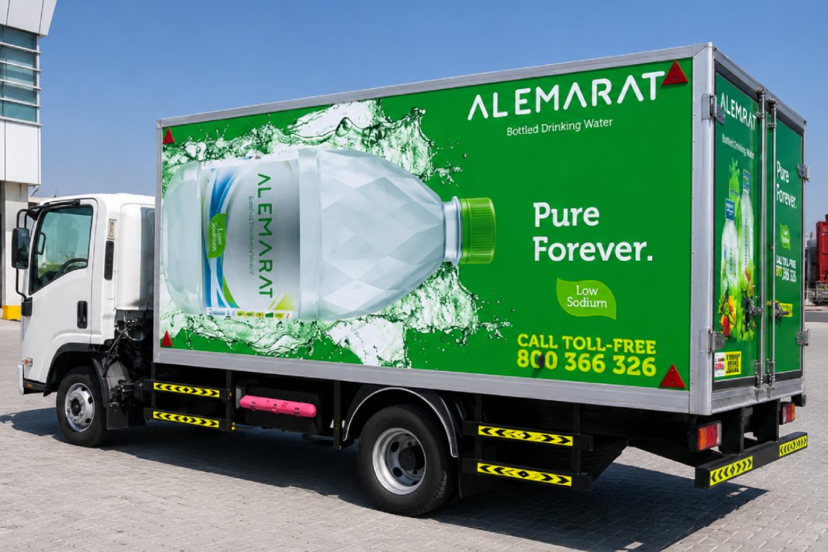 Al Emarat water box truck branding in Abu Dhabi