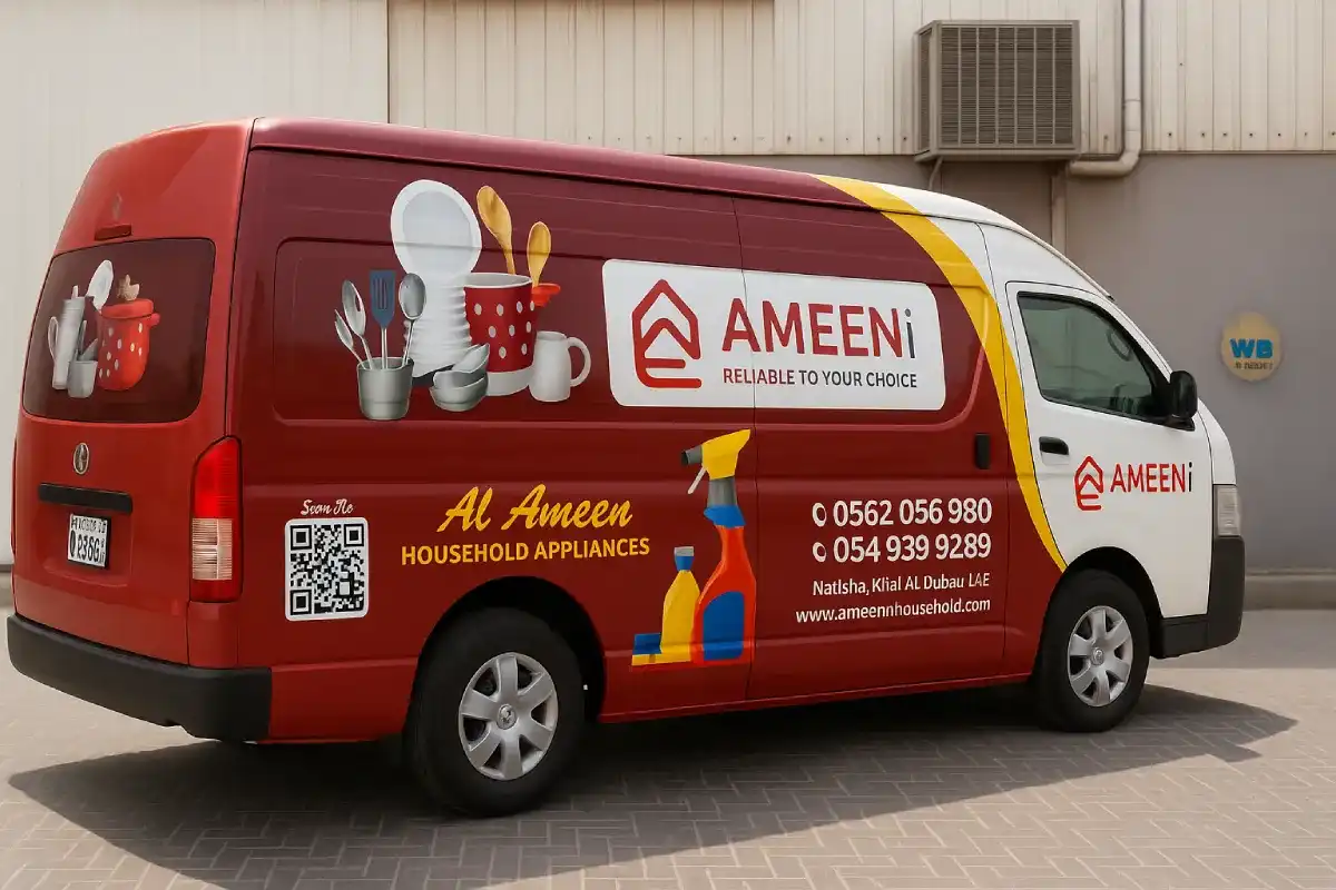 Ameen full vehicle branding on a red Toyota HiAce van in Abu Dhabi
